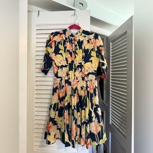 100% Silk Casharel Paris  Floral Mini Dress in Navy and Orange